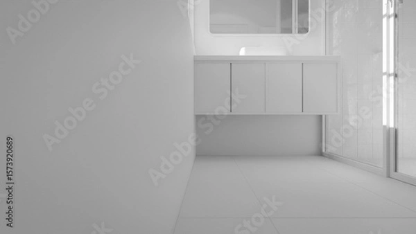 Fototapeta Minimalist bathroom interior 3D render featuring modern vanity, wall mirror, rainfall shower, and soft natural lighting through window. Concrete and wood textures enhance warmth and elegance.