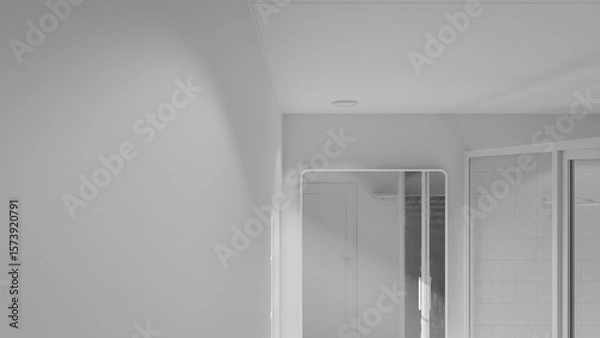 Fototapeta Minimalist bathroom interior 3D render featuring modern vanity, wall mirror, rainfall shower, and soft natural lighting through window. Concrete and wood textures enhance warmth and elegance.