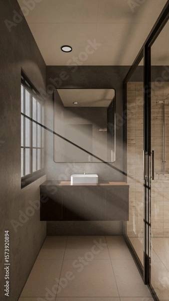 Fototapeta Minimalist bathroom interior 3D render featuring modern vanity, wall mirror, rainfall shower, and soft natural lighting through window. Concrete and wood textures enhance warmth and elegance.