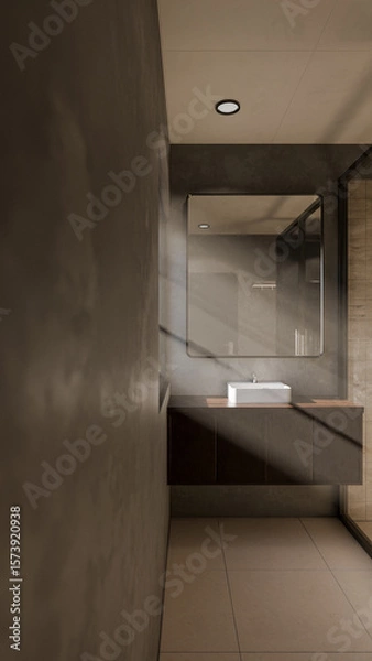 Fototapeta Minimalist bathroom interior 3D render featuring modern vanity, wall mirror, rainfall shower, and soft natural lighting through window. Concrete and wood textures enhance warmth and elegance.