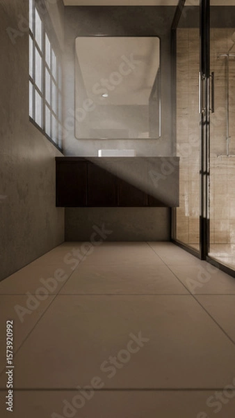Fototapeta Minimalist bathroom interior 3D render featuring modern vanity, wall mirror, rainfall shower, and soft natural lighting through window. Concrete and wood textures enhance warmth and elegance.
