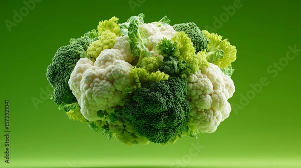 Obraz Floating broccoli and cauliflower mix on green background, CGI 3D render
