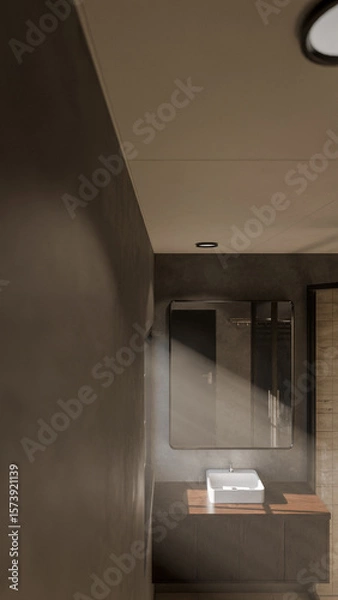 Fototapeta Minimalist bathroom interior 3D render featuring modern vanity, wall mirror, rainfall shower, and soft natural lighting through window. Concrete and wood textures enhance warmth and elegance.