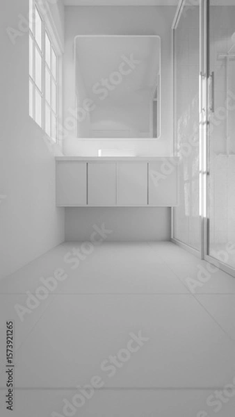 Fototapeta Minimalist bathroom interior 3D render featuring modern vanity, wall mirror, rainfall shower, and soft natural lighting through window. Concrete and wood textures enhance warmth and elegance.
