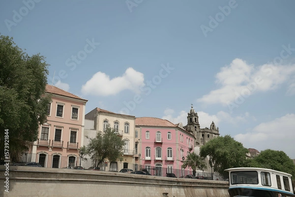 Obraz Cityscape View of Colorful Buildings with Clear Blue Sky in Europe. Mock up promotion information for marketing announcements and details, blank white space