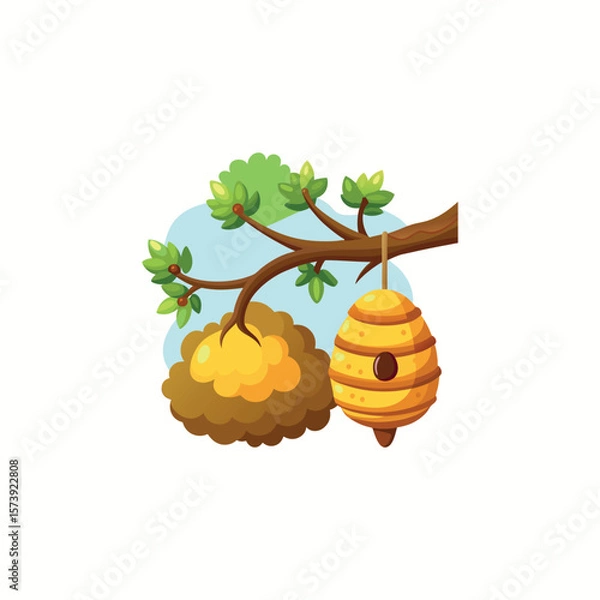 Fototapeta A bee hive hangs on a tree branch vector illustration in cartoon childish style isolate