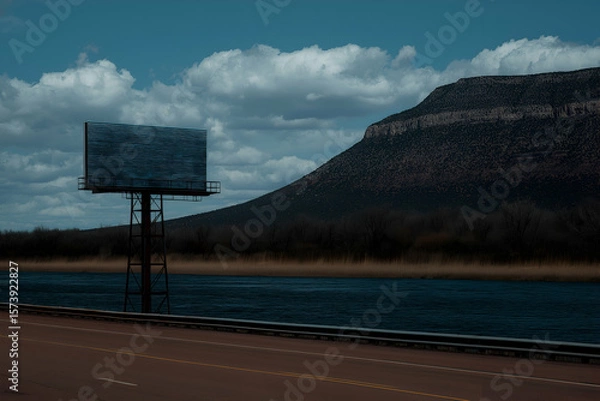 Obraz Billboard Overlooking Water and Mountain Landscape under Cloudy Blue Sky. Mock up promotion information for marketing announcements and details, blank white space