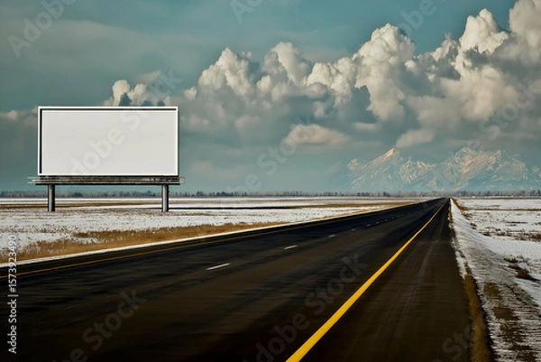 Obraz Blank Billboard Beside a Road with Distant Mountains and Cloudy Skies. Mock up promotion information for marketing announcements and details, blank white space