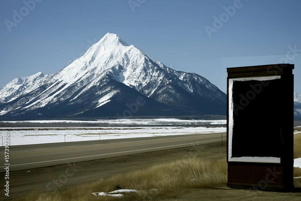 Obraz Snowy Mountain Landscape with Roadside Structure on a Sunny Day. Mock up promotion information for marketing announcements and details, blank white space