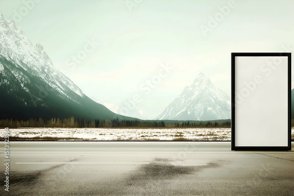Obraz Billboard near Road with Mountains in the Background on Cloudy Day. Mock up promotion information for marketing announcements and details, blank white space