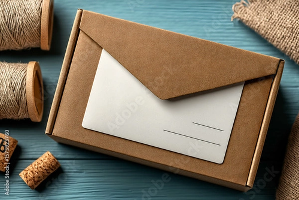 Obraz Packaging Box with Envelope on Wooden Table, String and Cork. Mock up promotion information for marketing announcements and details, blank white space