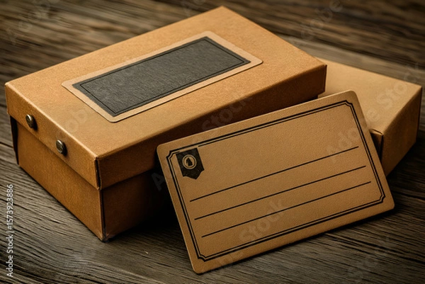 Obraz Organizing Box with Blank Label Card on Wooden Surface. Mock up promotion information for marketing announcements and details, blank white space