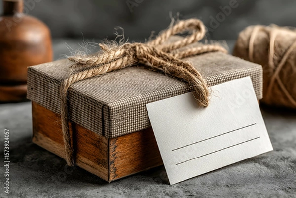 Obraz Wrapped Gift Box with Twine Bow and Blank Card on Table. Mock up promotion information for marketing announcements and details, blank white space