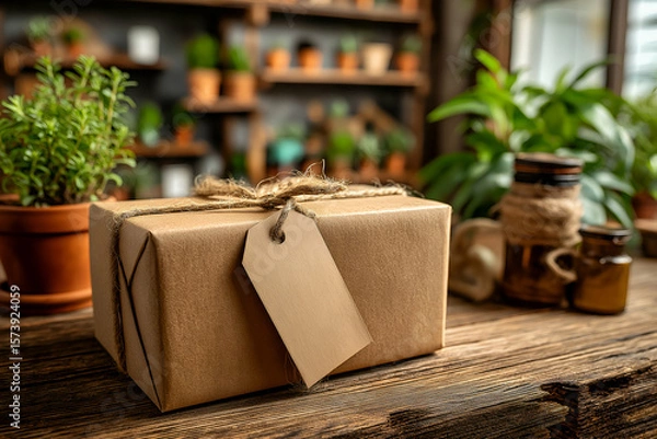 Obraz Craft Gift Box with Blank Tag and Plant in Rustic Setting. Mock up promotion information for marketing announcements and details, blank white space