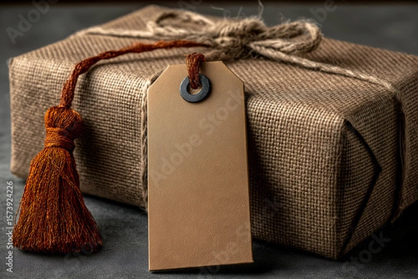 Obraz Wrapped Gift with Burlap Fabric and Blank Tag for Personalized Message. Mock up promotion information for marketing announcements and details, blank white space
