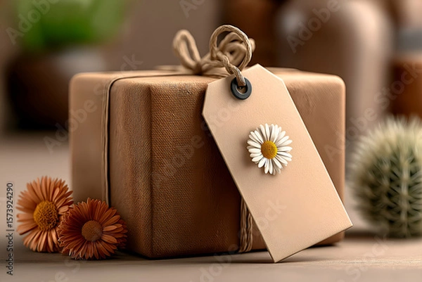 Obraz Present with Flower Tag and Orange Flowers A Thoughtful Gift Concept. Mock up promotion information for marketing announcements and details, blank white space