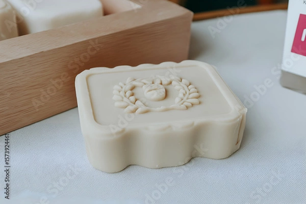 Obraz Handmade Soap Bar with Decorative Relief in Neutral Tones on Surface. Mock up promotion information for marketing announcements and details, blank white space