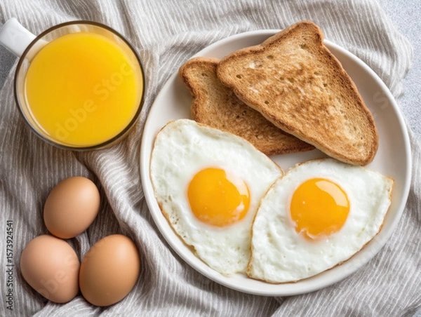 Fototapeta Fried egg, toast, orange juice, and eggs on plate, breakfast setting, bright morning, cozy and inviting atmosphere