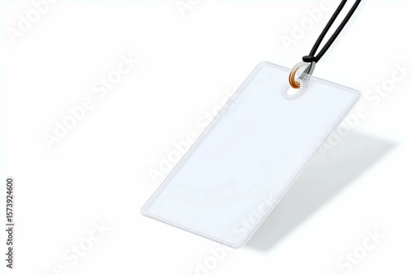 Obraz Blank Clear Plastic Tag with Black Cord on White Background. Mock up promotion information for marketing announcements and details, blank white space