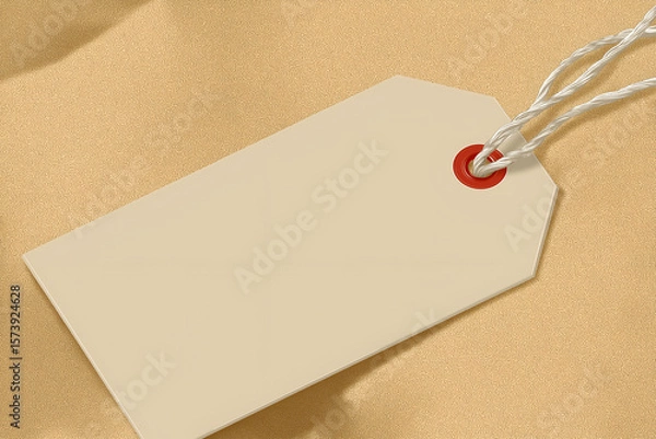 Obraz Blank Tag Mockup on Textured Tan Background with String Detail. Mock up promotion information for marketing announcements and details, blank white space