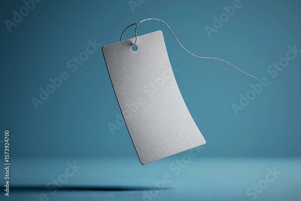 Obraz Hanging Blank Paper Tag with String on Blue Background Mockup. Mock up promotion information for marketing announcements and details, blank white space