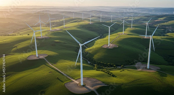 Fototapeta Aerial view of wind farm on green hills Generative AI