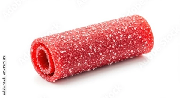 Fototapeta Close up of a rolled red sour candy strip covered in sugar crystals on a white background