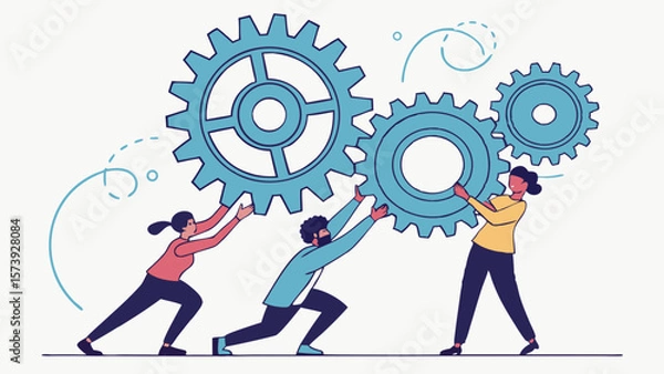 Fototapeta Vector Collaborative teamwork with gears symbolizing cooperation and productivity