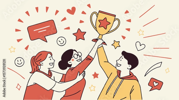 Fototapeta Vector Celebration of teamwork and achievement with trophy in hand, showcasing joy and excitement