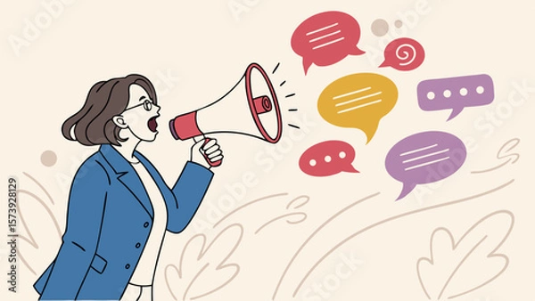 Fototapeta Vector Businesswoman speaking through megaphone with colorful speech bubbles, representing communication, leadership, marketing, feedback, and public relations.