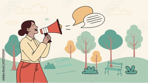 Fototapeta Vector Woman uses megaphone to amplify her message park setting, expressing enthusiasm and engagement