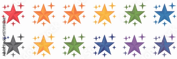 Fototapeta Rainbow-colored star icons with sparkle effect arranged in circle