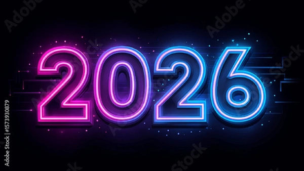 Fototapeta A vibrant, futuristic digital image dedicated to the New Year 2026, with neon lights, glowing numbers and a dynamic background, symbolizing a bright future. AI generated.
