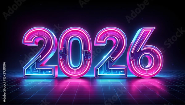 Fototapeta A vibrant, futuristic digital image dedicated to the New Year 2026, with neon lights, glowing numbers and a dynamic background, symbolizing a bright future. AI generated.
