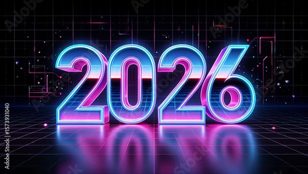 Fototapeta A vibrant, futuristic digital image dedicated to the New Year 2026, with neon lights, glowing numbers and a dynamic background, symbolizing a bright future. AI generated.
