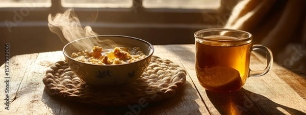 Obraz cozy, breakfast concept, creamy oatmeal with honey and walnuts , glass of tea with lemon slice on wooden table, near window with morning light. banner 