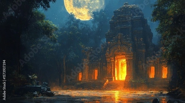 Obraz Ancient Temple, Moonlit Jungle