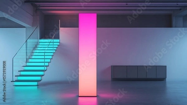 Fototapeta Interior with illuminated stairs and a tall gradient light panel in a room