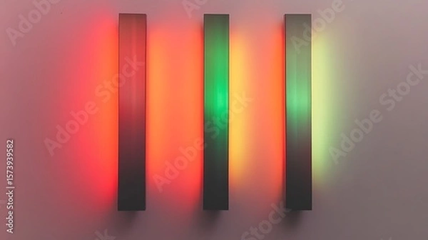 Fototapeta Three vertical light bars casting colorful light on a neutral colored wall