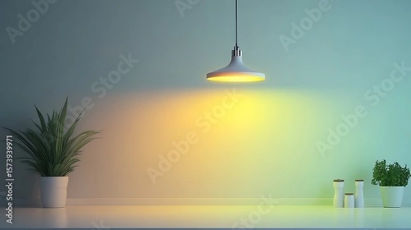 Fototapeta A plant and a lamp on a table against a blue wall in a modern minimalist style