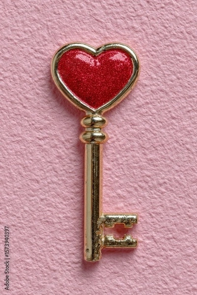Fototapeta Magical golden key with red heart-shaped top designed for unlocking secrets and memories. Valentine's Day