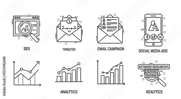 Fototapeta Digital Marketing Strategy SEO, Email Campaigns, Social Media Ads, and Analytics