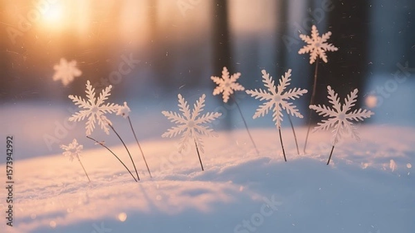 Obraz Delicate snowflakes adorn a snowy landscape during a warm golden hour sunset