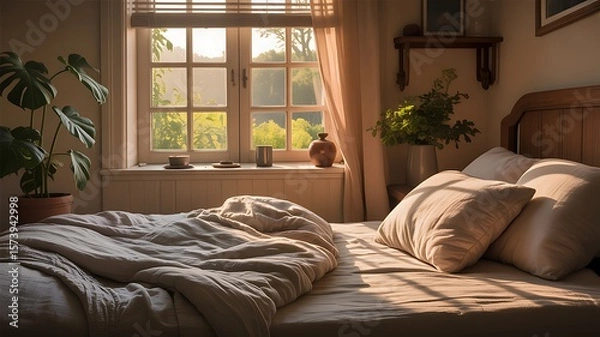 Obraz Cozy bedroom with rumpled bed bathed in warm morning sunlight from window
