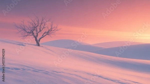 Obraz Bare tree stands tall in a snowy landscape under a pink and orange sunset sky