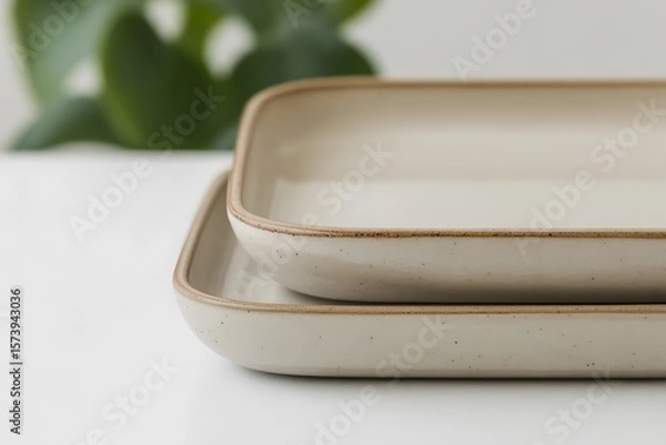 Obraz Two stacked square ceramic plates with a natural earthy tone and brown rim