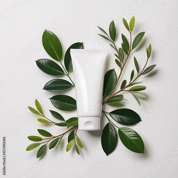 Obraz White cosmetic tube surrounded by fresh green leaves and delicate branches on a white background