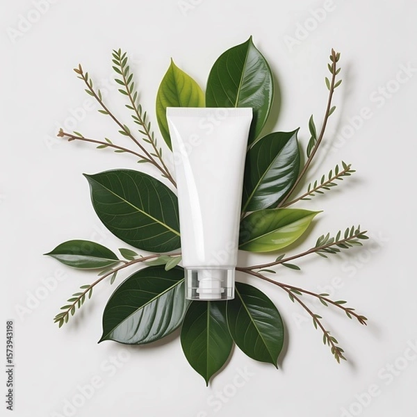Obraz White cosmetic tube surrounded by fresh green leaves and delicate branches on a white background