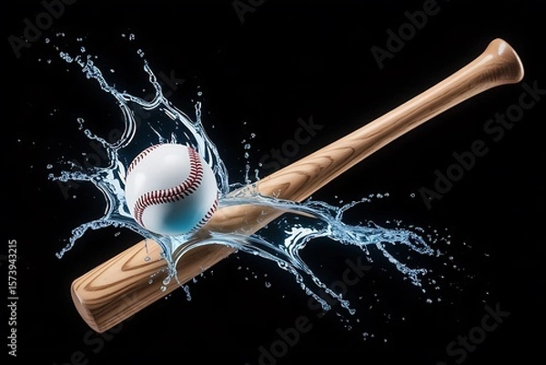 Obraz Baseball bat and ball splashing through water against a black background
