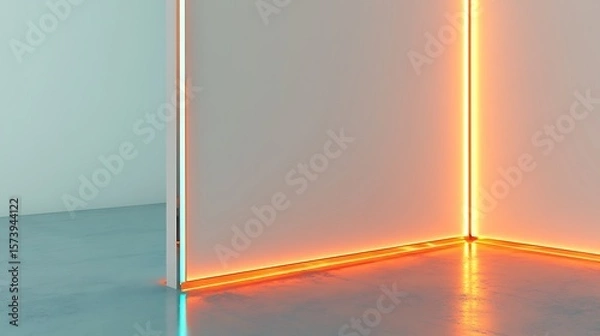 Fototapeta Illuminated corner of a room with orange led strips and glossy floor surface